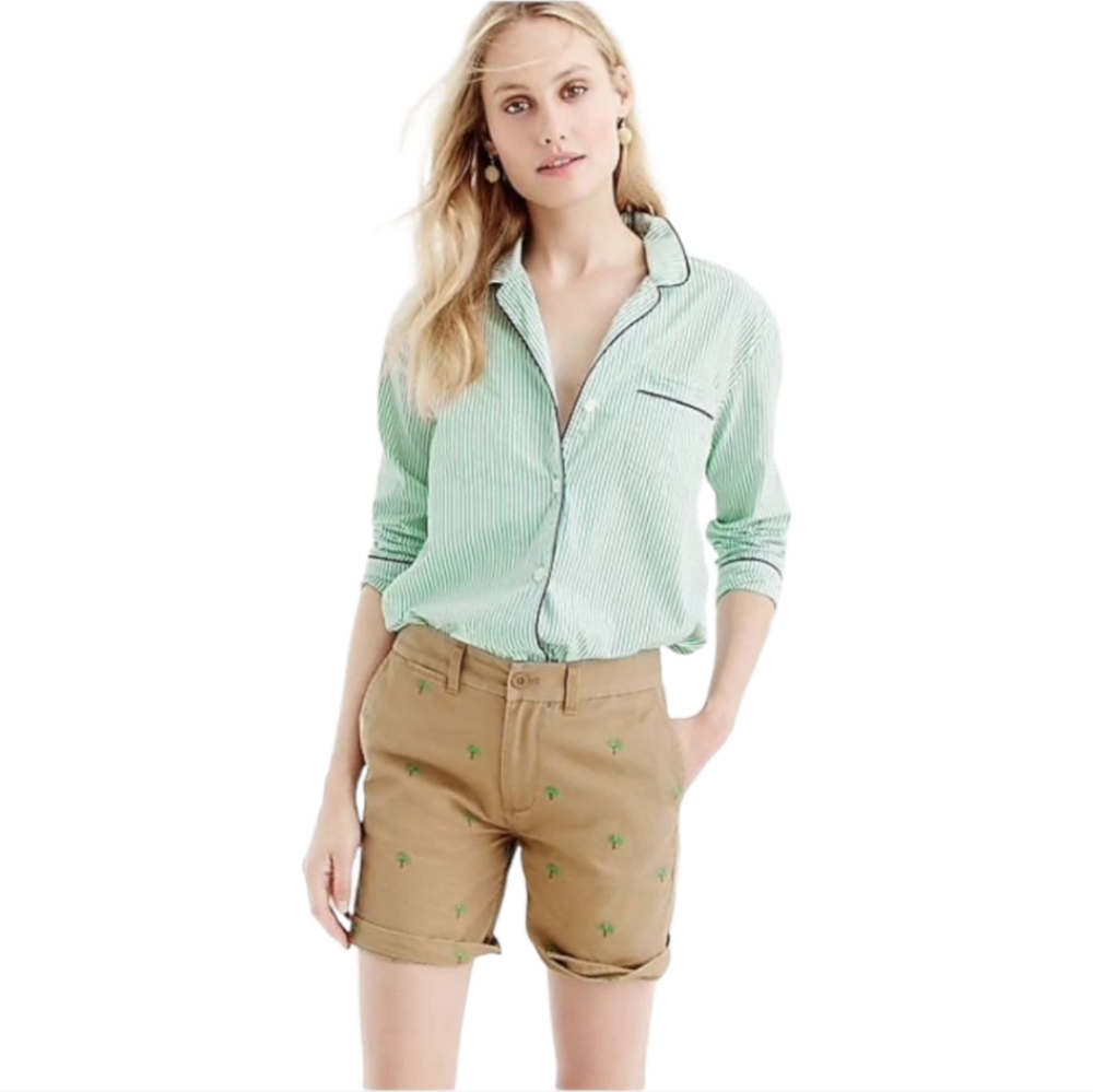 J. Crew Womens Chino Shorts Tan Green Palm Trees Embroidery Size‎ 4
